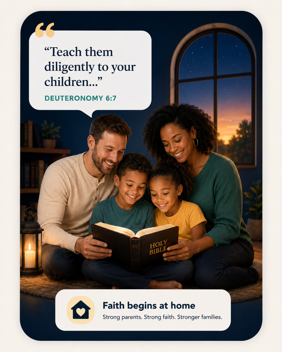 A father, mother, son, and daughter reading the Bible together at home