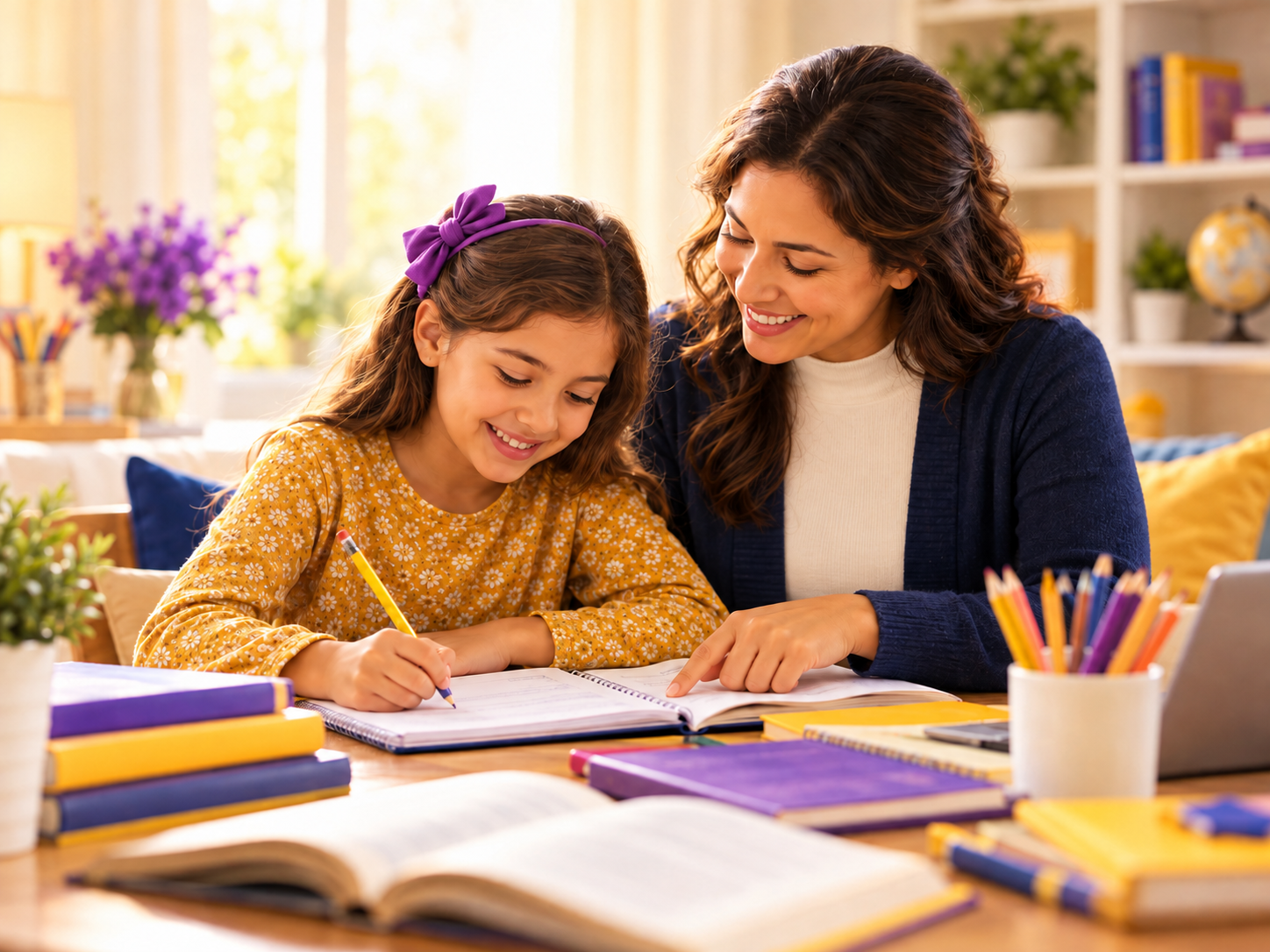 Parent guiding a child through homeschool learning at a warm study table